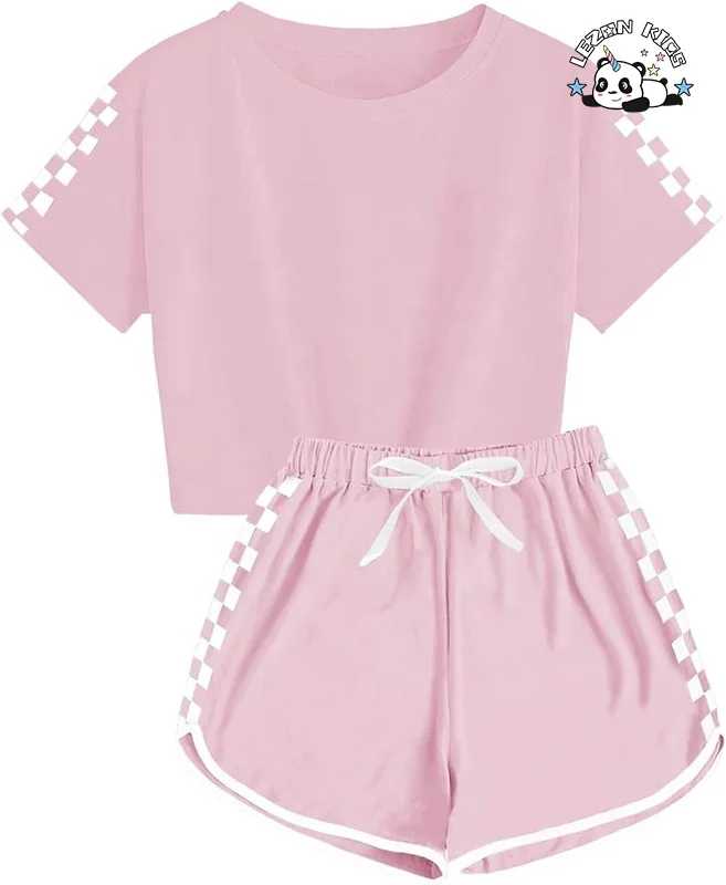 LEZONKIDS - Novo Estilo de Conjunto de 2 Peças para Meninas com Camisa de Manga Curta Xadrez e Shorts